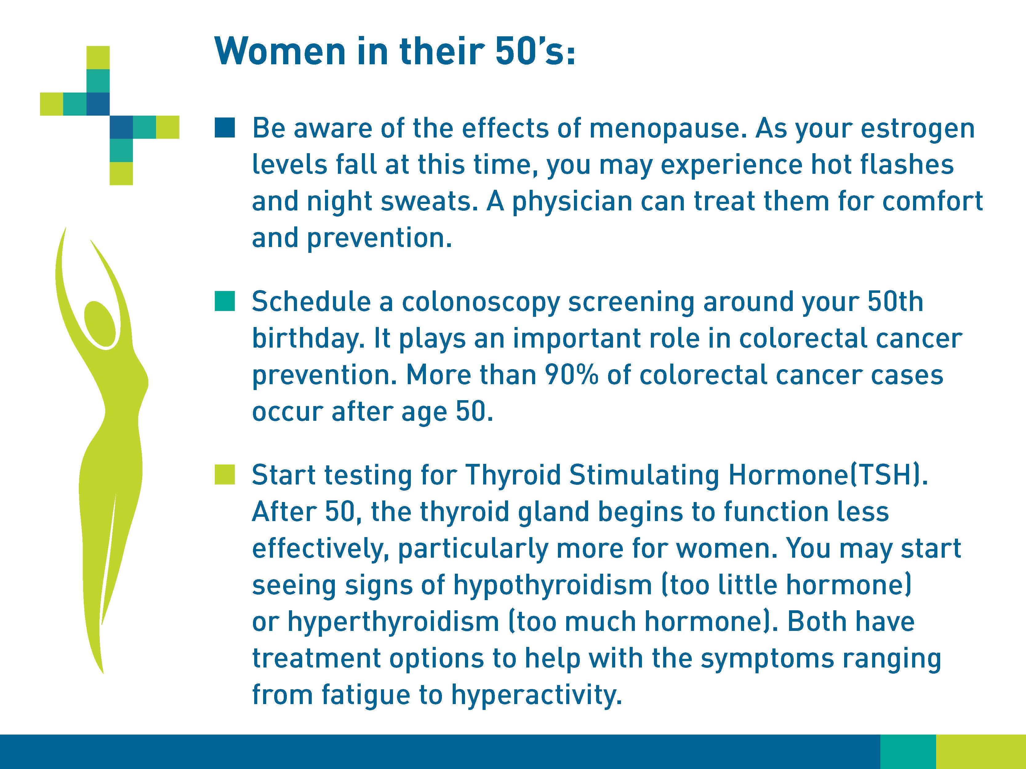 Women in their 50s: Be aware of the effects of menopause. As your estrogen levels fall at this time, you may experience hot flashes and night sweats. A physicians can treat them for comfort and prevention. Schedule a colonoscopy screening around your 50th birthday. It plays an important role in colorectal cancer prevention. More than 90% of colorectal cancer cases occur after 50. Start testing for Thyroid Stimulating Hormone (TSH). After 50, the thyroid gland begins to function less effectivetly, particularly more for women. You may start seeing signs of hyperparathyroidism (too little hormone) or hyperthyroidism (too much hormone). Both have treatment options to help with the symptoms ranging from fatigue to hyperactivity.